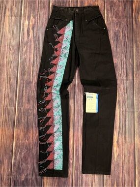 Vintage Show Stopper Roper Western Bareback Black Denim Jeans 80s Print & Fringe